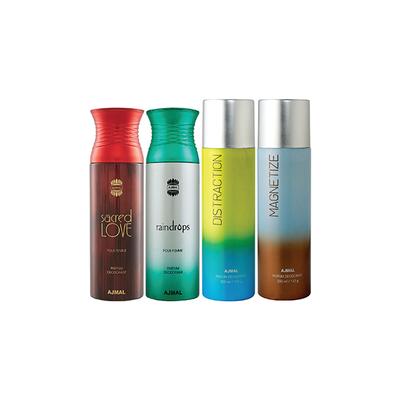 Ajmal 1 Sacred Love, 1 Raindrops Femme, 1 Distraction And 1 Magnetize Deodorants Pack of 4 200 ml - Deodorants/Roll-Ons