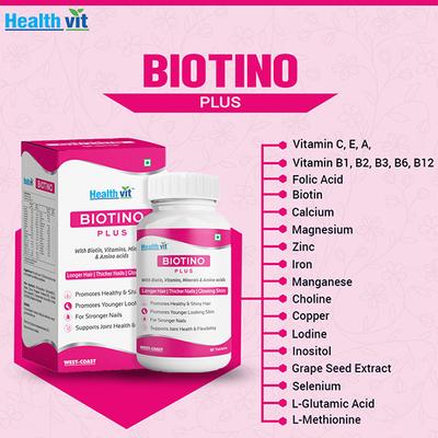 Healthvit Biotino Plus With Biotin, Vitamins, Minerals & Amino acids for Longer Hair, Glowing Skin & Thicker Nails- Tablets 60's - Multi-Vitamins