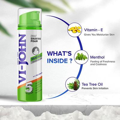 VI-John Sensitive Skin 5 Way Action Vitamin E Enriched Menthol Shaving Foam for Men with Tea Tree Oil 200ml - Shaving Foams