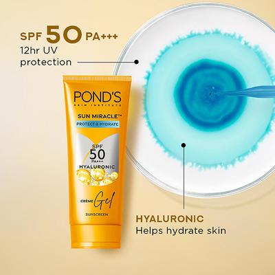Pond's Sun Miracle SPF 50 PA+++ Creme Gel Sunscreen - Protect and Hydrate, with Hyaluronic Acid 50 gm - Face Sunscreen