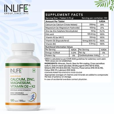 Inlife Calcium, Zinc, Magnesium, Vitamin D2 + K2 Tablet 120's - Calcium And Minerals
