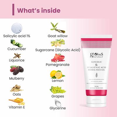 Globus Naturals Glycolic & 1% Salicylic Acid Herbal Anti Acne Face Gel, 100ml each 2's - Masks & Peels