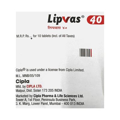 Lipvas 40mg Tablet 10'S - High Cholesterol-Dys