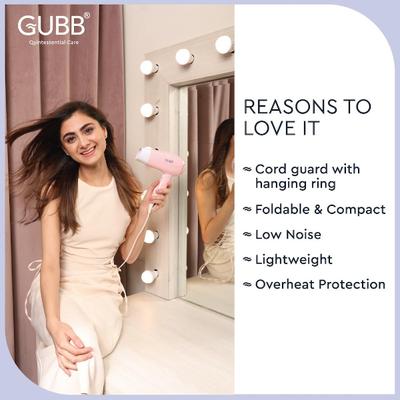 GUBB Foldable 1600 Watts Hair Dryer with Hot and Cool Settings & Detachable Nozzle - (GB-163) Pink 1's - Hair Dryers