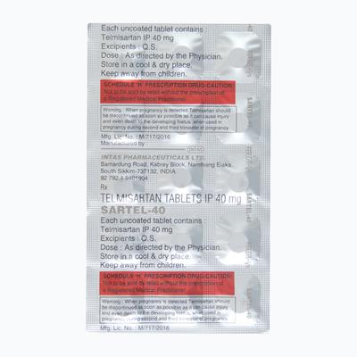 Sartel 40mg Tablet 15'S - Hypertension-Ang