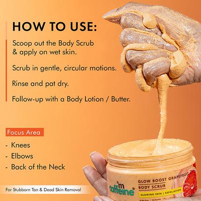 mCaffeine Glow Boost Grapefruit Body Scrub - Tan Removal, AHAs Lactic and Glycolic Acid, Vit C Rich 175 gm - Scrubs & Exfoliants