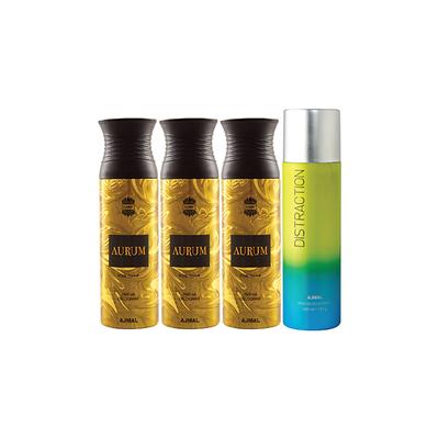 Ajmal 3 Aurum Femme And 1 Distraction Deodorants Pack of 4 200 ml - Deodorants/Roll-Ons