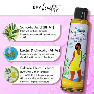 Boho Botanist Body Toner - Willow Bark Licorice AHA BHA, Prevents Strawberry Skin Ingrown Hair 200 ml - Scrubs & Exfoliants