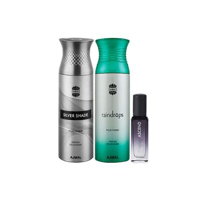 Ajmal Silver Shade & Raindrops Deo & Ascend EDP Pack of 3 20 ml - Women Perfumes (Edt/Edp)