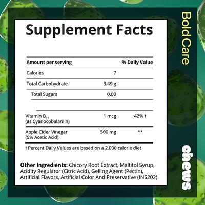 Bold Care Chews Apple Cider Vinegar Gummies sugar free Green Apple Flavour 30's - Apple Cider Vinegar - Acv