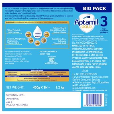 Aptamil Gold 3 Follow Up Infant Formula Stage 3 Powder (After 12 months) (Pack of 3 x 400 g) 1.2 kg - Baby And Infant Supplements