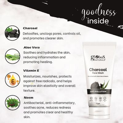 Globus Naturals Anti Pollution Charcoal Face Wash, Enriched with Tea Tree Oil, for Oily and Acne Prone Skin, 75gm - Face Wash & Cleansers