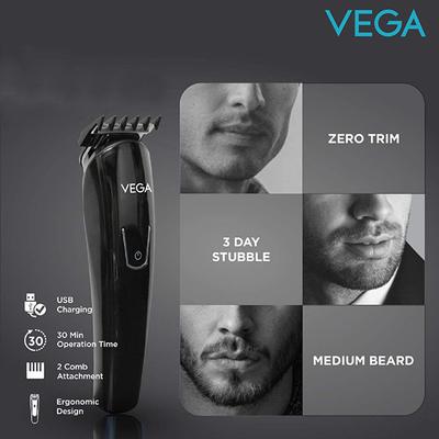Vega T2 Beard Trimmer for Men with 2 Comb Attachment- 0.5mm - 3mm, 45 Mins Runtime, Black (VHTH-14) 1's - Trimmers
