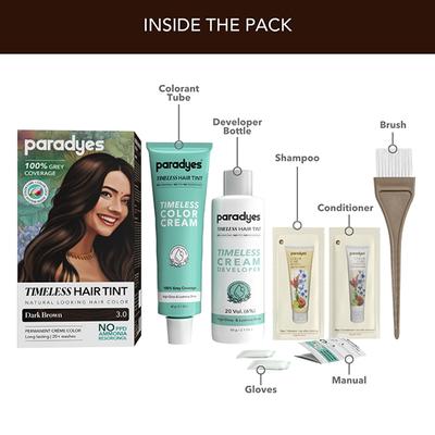 Paradyes Dark Brown Timeless Permanent Creme Hair Colour for Complete Grey Coverage, 3.0 Dark Brown 160 gm - Crème