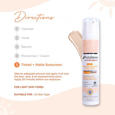 Astaberry Indulge Tinted Matte Sunscreen SPF 50 PA+++ For Broad Spectrum, Blue Light Protection (Light) 50 gm - Face Sunscreen