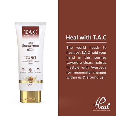 TAC - The Ayurveda Co. Sunscreen SPF 50 for UVA & UVB Sun Protection With Eladi, Neem & Aloevera, Quick Drying & Water-Resistant 50 gm - Body Sunscreen