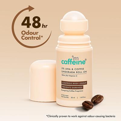 mCaffeine 5% AHA Underarm Roll On - Lactic Acid & Fresh Coffee Deodarant, Prevents Odour & Pigmentation 50 ml - Women Deodorants/Roll-Ons