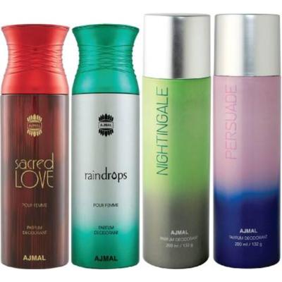 Ajmal 1 Sacred Love For Women, 1 Raindrops Femme For Women, 1 Nightingale And 1 Persuade For Men & Women High Quality Deodorants Combo (Pack Of 4) 800 ml - Perfumes (Edt/Edp)