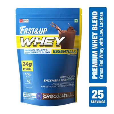 Fast&Up Whey Essentials Premium Isolate & Concentrate Blend - Chocolate Flavour 800 gm - Workout Essentials
