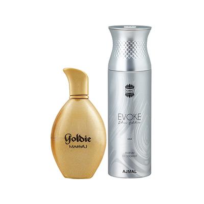 Maryaj Goldie EDP Fruity Floral Perfume And Ajmal Evoke Silver Edition Him Deodorant Spicy Floral Fragrance 300 ml - Perfumes (Edt/Edp)
