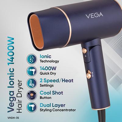 Vega Ionic 1400W Foldable Hair Dryer for Men and Women with 2 Heat/Speed Settings, (VHDH-35) 496 gm - Hair Dryers