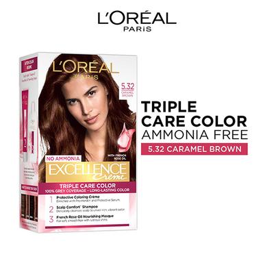 Loreal Paris Excellence Creme Hair Color No Ammonia with French Rose Oil Triple Care Color, 5.32 Caramel Brown 100gm+72ml 1's - Crème