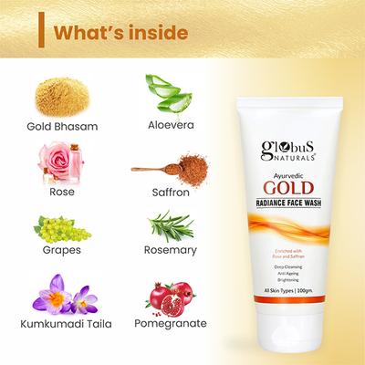 Globus Naturals Gold Radiance Anti Ageing & Brightening Face Wash Enriched with Saffron & Rose 100 gm - Face Wash & Cleansers