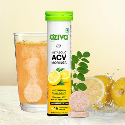 OZiva ACV Moringa for Weight Loss, 3-in-1 Fat Oxidation Formula, Lemon Masala 15's - Weight Loss