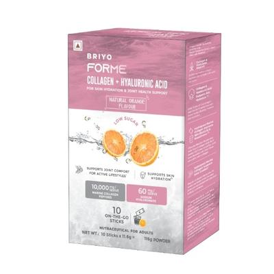Briyo Forme Collagen + Hyaluronic Acid Structural Support Drink Mix Sugar Free Sachets - Orange Flavour (Pack of 10 x 11.6 g) - Nutritional Supplement