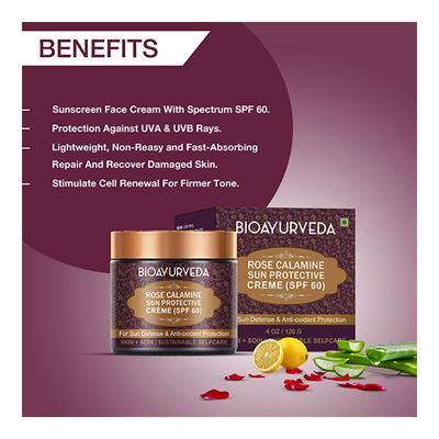 Bioayurveda Rose Calamine Sun Protective (SPF 60) Face Creme 120 gm - Face Sunscreen