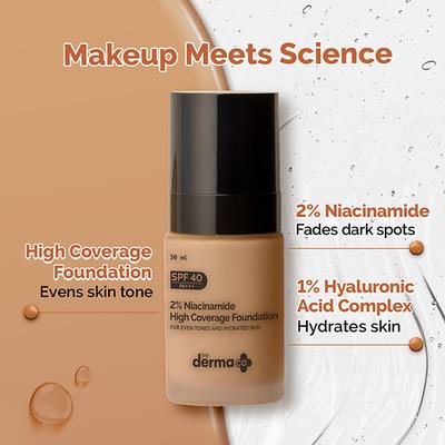 The Derma Co. 2% Niacinamide High Coverage Foundation, 1% Hyaluronic Acid and SPF 40 PA+++ for 12 Hr - 02 Nude 30 gm - Foundation