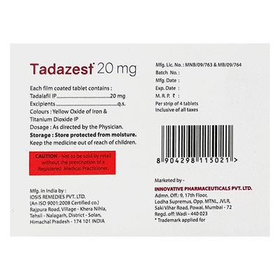 TADAZEST 20mg Tablet 4's - Impotence/Erectile Dysfunction (Ed)