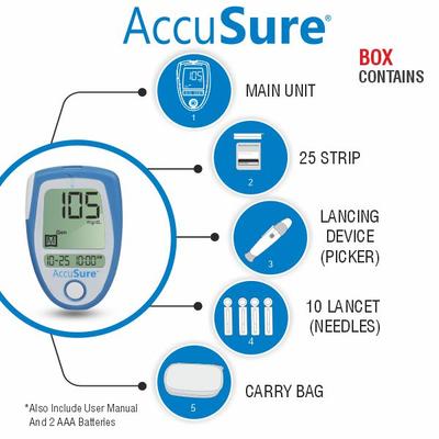 AccuSure Blue Gluco Meter with 25 Strips - Blood Glucose Monitors/Strips