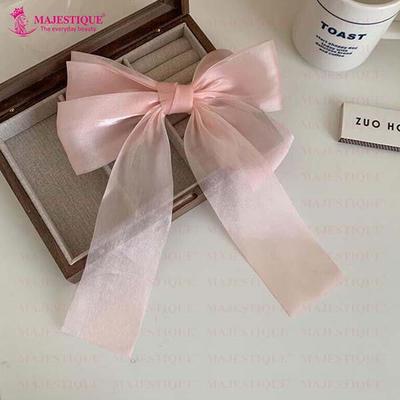 Majestique Big Satin Layered Hair Bows For Women, Long Tail Ribbon Barrettes Clip Accessories Best Gift - Pink 1's - Hair Clips/Bands