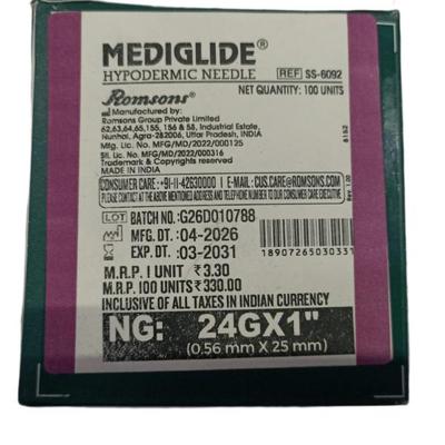 Romsons Disposable Mediglide Hypodermic Needle (SS 6092) (24 G x 1.0) 1's - Syringes And Needles