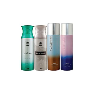 Ajmal 1 Raindrops Femme, 1 Silver Shade Homme, 1 Magnetize And 1 Persuade Deodorants Pack of 4 200 ml - Deodorants/Roll-Ons