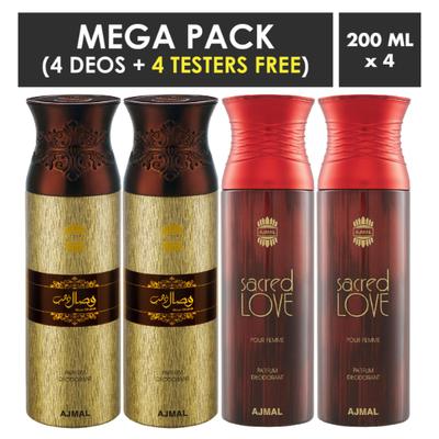 Ajmal Wisal Dhahab & Sacred Love Deodorant Spray- For Men & Women (Pack Of 4) 200 ml - Perfumes (Edt/Edp)