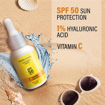 Faces Canada Sunscreen Serum, SPF 50+ PA+++, Protects From Uva & UVB Rays, 1% Hyaluronic Acid & Vitamin C 30ml - Face Sunscreen