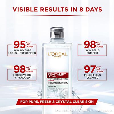 L'Oreal Paris Revitalift Crystal Purifying Micellar Water With Oil-Free Technology, Cleanses pores & removes makeup 95 ml - Face Wash & Cleansers