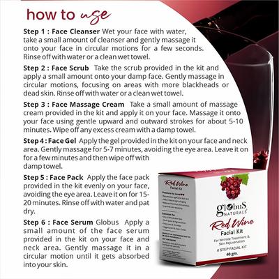 Globus Naturals Anti-Ageing Red Wine 6 Step Facial Kit, for Reducing Fine Lines & 40gm each 2's - Facial Kits