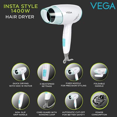 Vega Insta Look 1400 Watts Foldable Hair Dryer with Cool Shot Button and 3 Heat, Speed Settings VHDH-23 493 gm - Hair Dryers