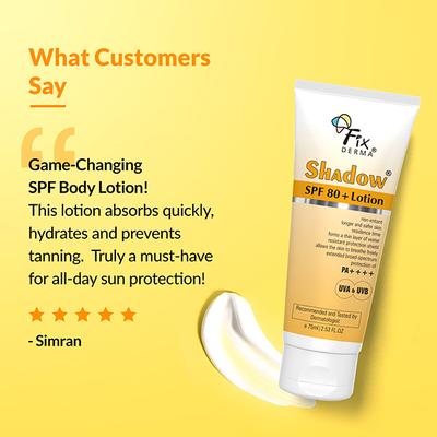 Fixderma Shadow Sunscreen SPF 80+ PA++++ Lotion - Sunscreen for Oily Skin & Dry Skin, Sun Screen Protector SPF 80 75ml - Face Sunscreen