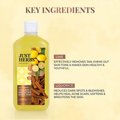 Just Herbs Bath & Body Lime +Liquorice Vitamin C Skin Brightening Exfoliating Body Wash-Paraben & Sls / Sles Free 300ml - Shower Gels & Body Wash