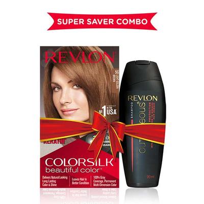 Revlon ColorSilk Beautiful Hair Color with Keratin 5G Light Golden Brown 91.8ml + Free Outrageous Shampoo 90ml - Crème