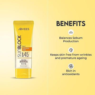 Jovees UVA/UVB Protection Sun Block Cream SPF 45 50 gm - Face Sunscreen