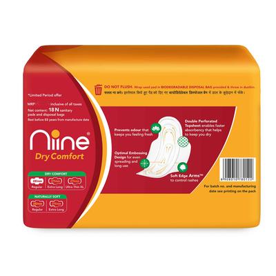 Niine Dry Comfort Sanitary Pads with Biodegradable Disposable Bags - Regular 18's - Sanitary Napkins