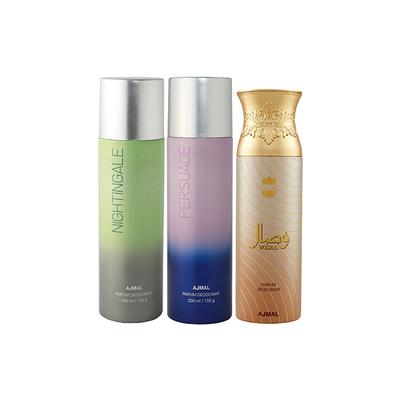 Ajmal Nightingale And Persuade For Men & Women And Wisal Deodorants Pack of 3 200 ml - Deodorants/Roll-Ons