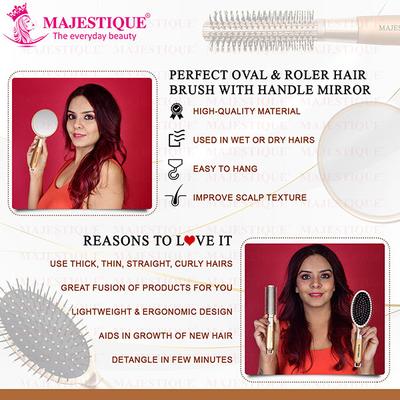 Majestique Round and Oval Cushion Hair Brush Set with Handle Mirror for All Types Style 3's - Hair Brushes