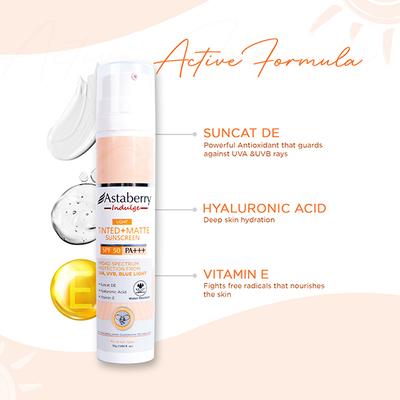 Astaberry Indulge Tinted Matte Sunscreen SPF 50 PA+++ For Broad Spectrum, Blue Light Protection (Light) 50 gm - Face Sunscreen
