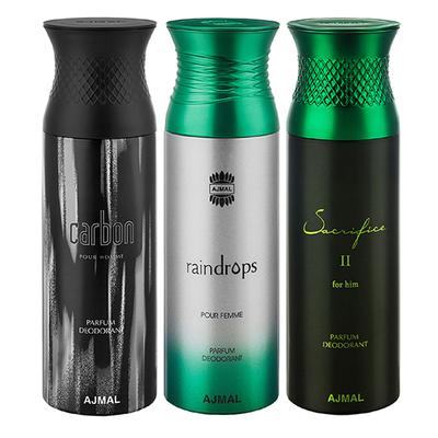 Ajmal Carbon & Raindrops & Sacrifice II Deodorant Spray - For Men & Women (Pack Of 3) 200 ml - Perfumes (Edt/Edp)